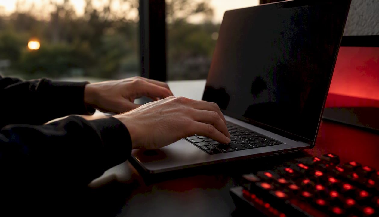 Hands filtering video transcript on laptop keyboard