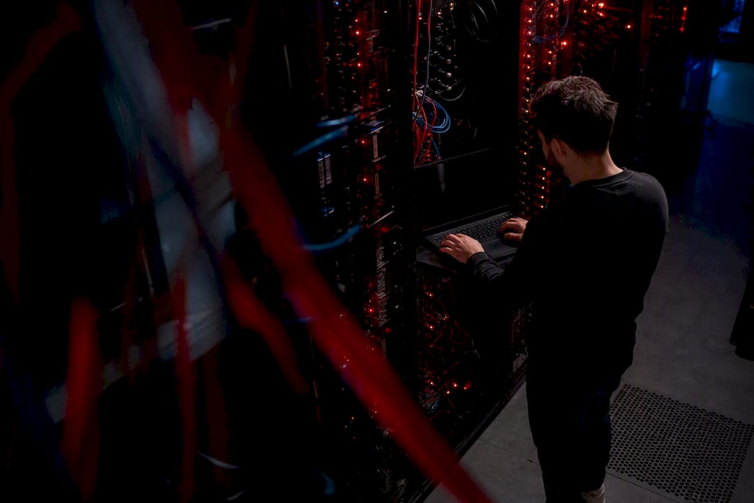 Server room lights glowing in dark