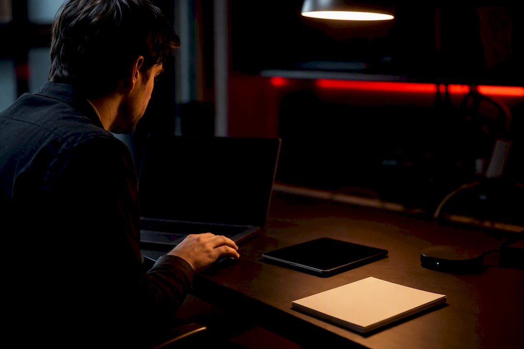 Hands working on laptop and mouse in dark workspace
