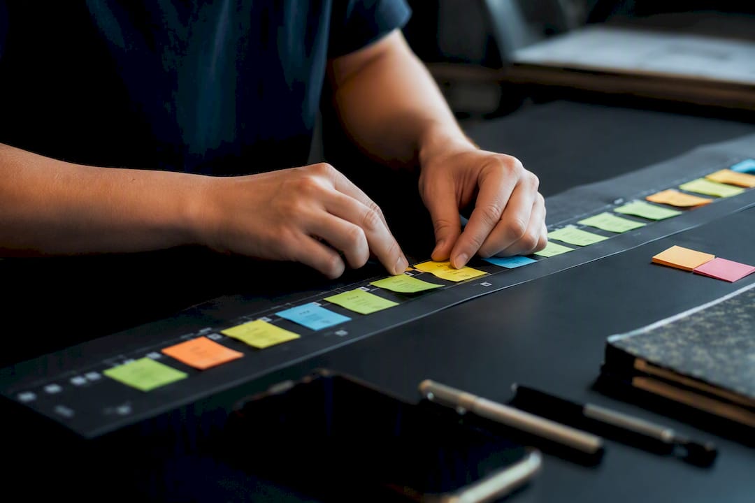 Hands tagging physical video timeline strip