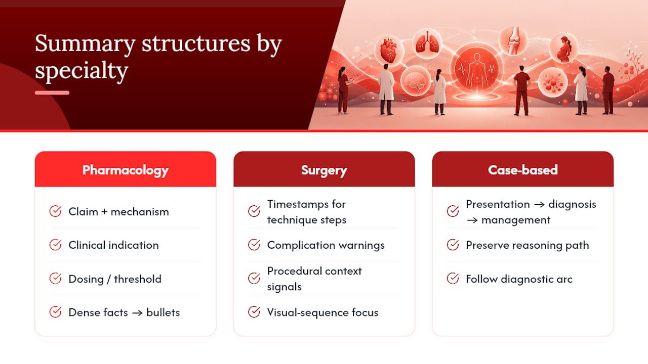 Diagram comparing summary structures by medical specialty