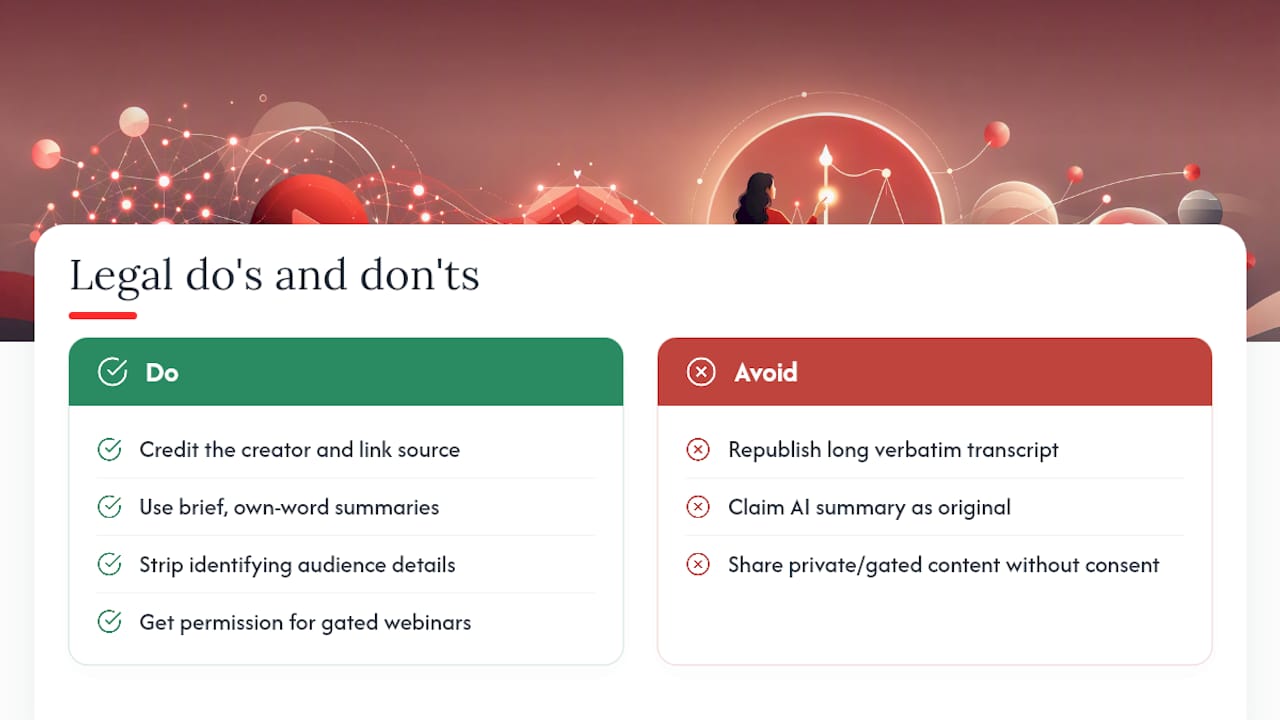 Is it legal to summarize someone else's webinar? — overview diagram
