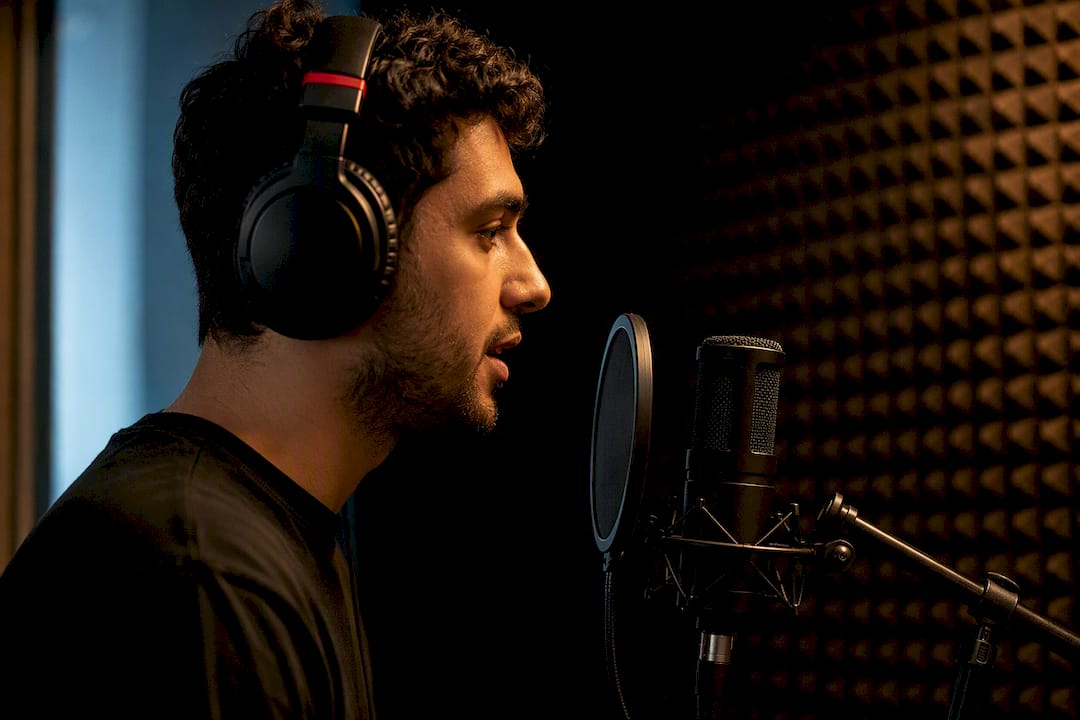 Presenter speaking into studio microphone