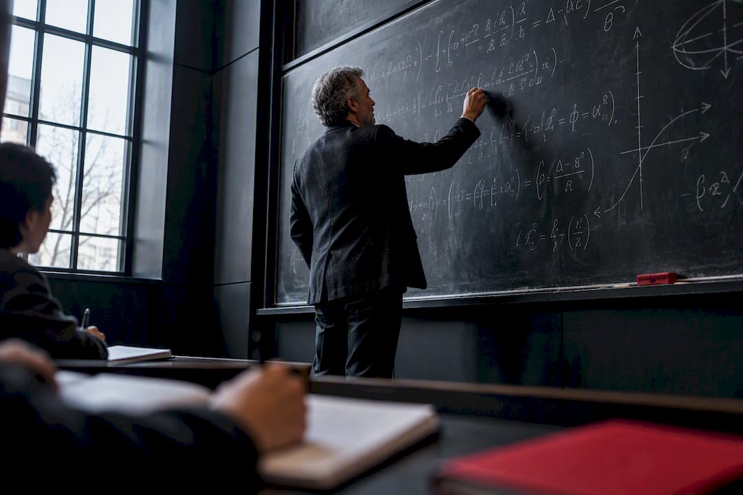 Lecturer writing a math derivation on board