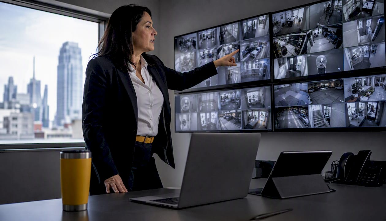 Hotel manager reviewing security control system