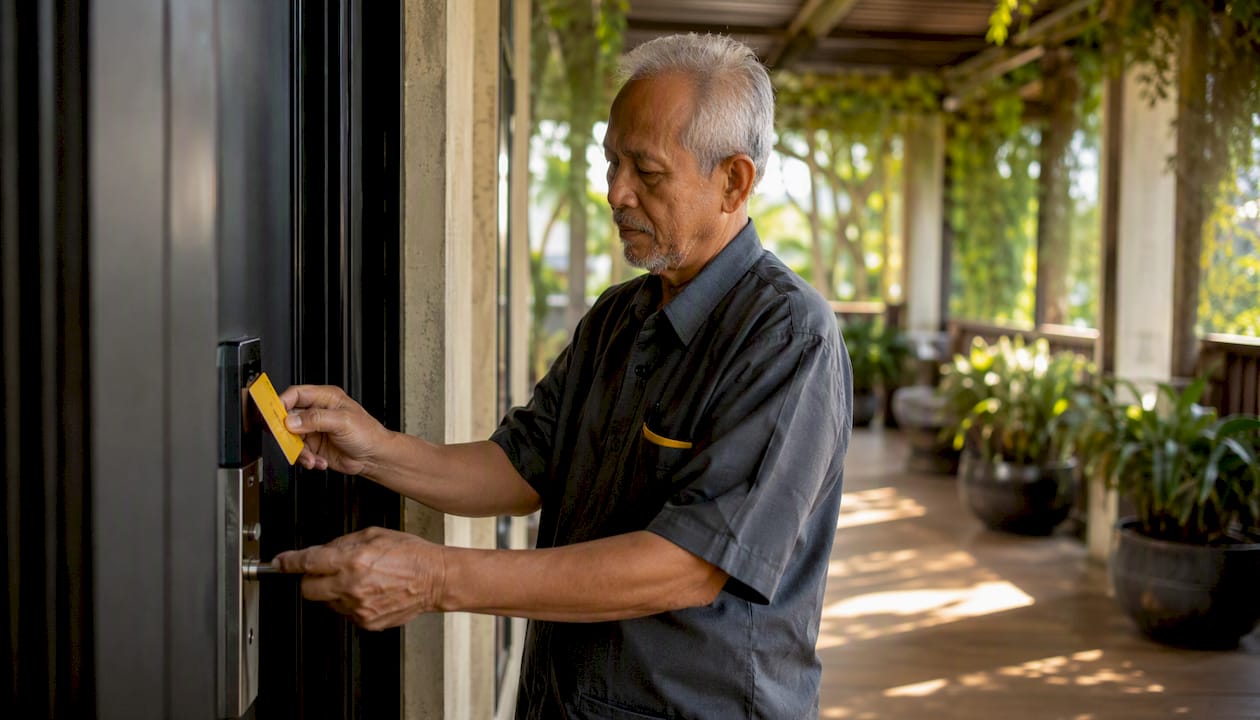 Maintenance staff using electronic door lock card