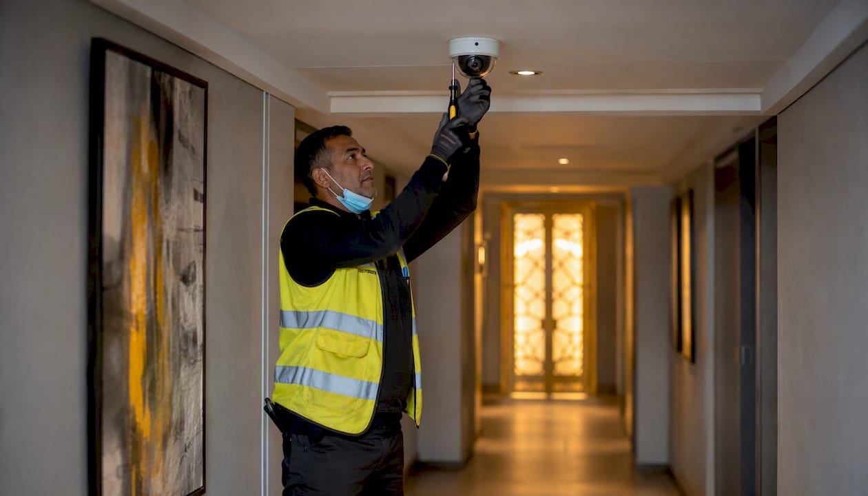 Technician installing CCTV camera in hotel hallway