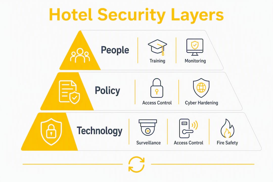 Pyramid infographic of hotel security system layers