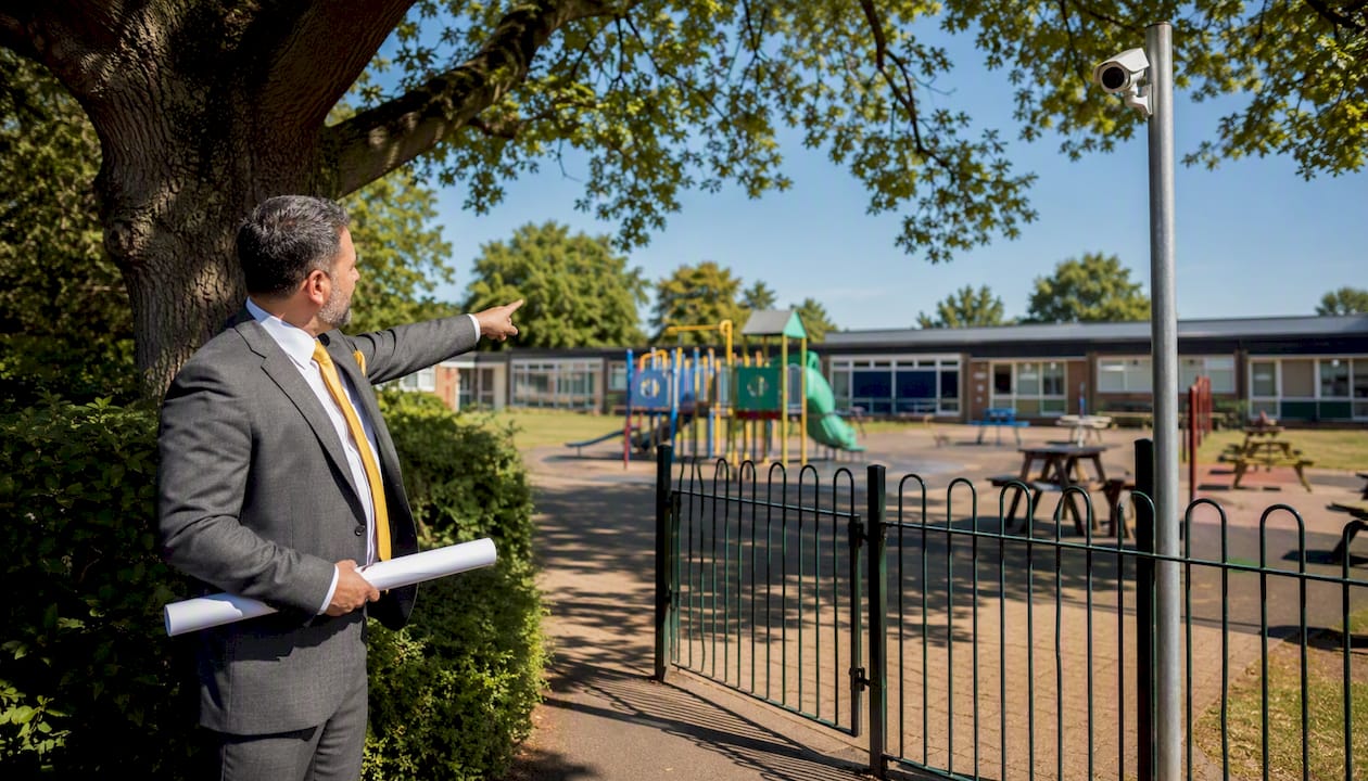 Security consultant indicating CCTV camera installation outside school