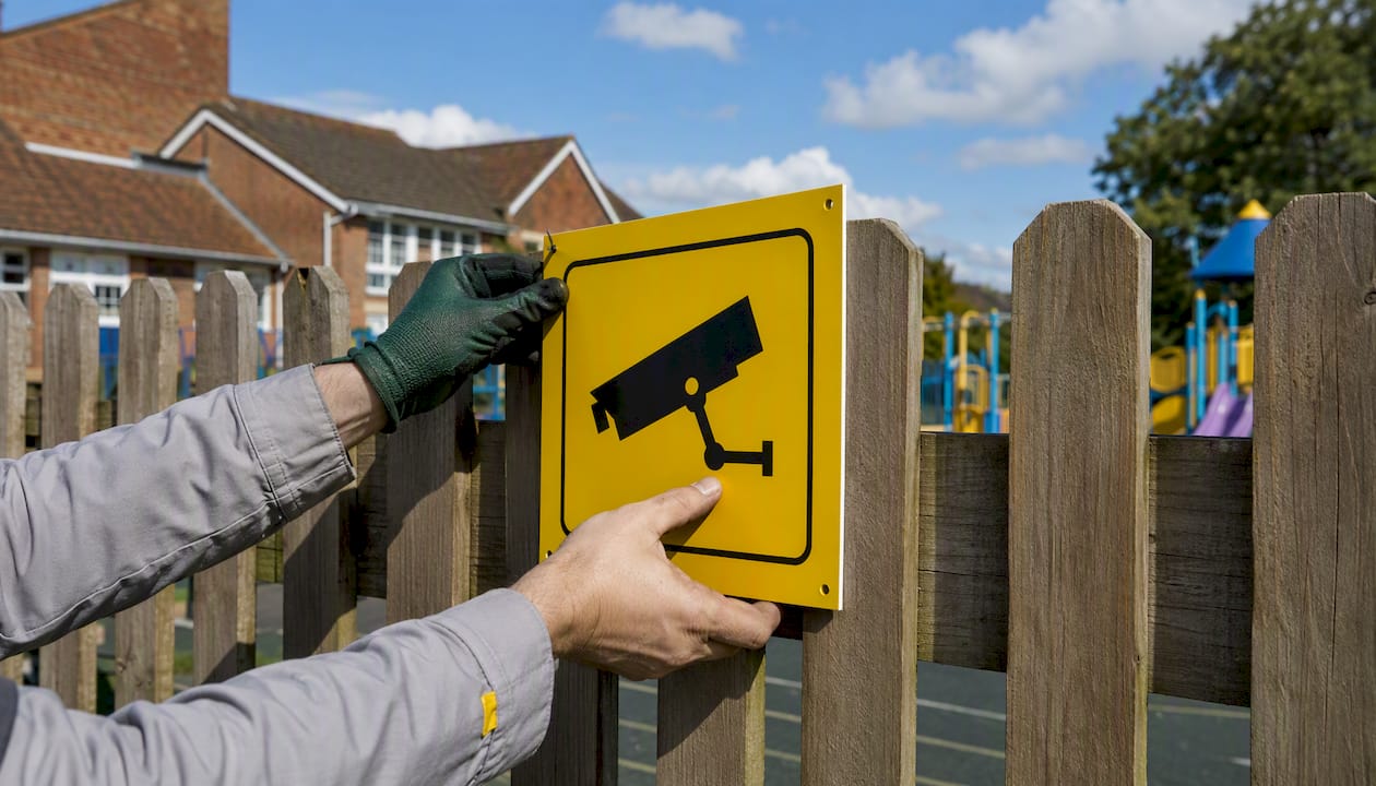 Hand attaching CCTV signage to school entrance gate