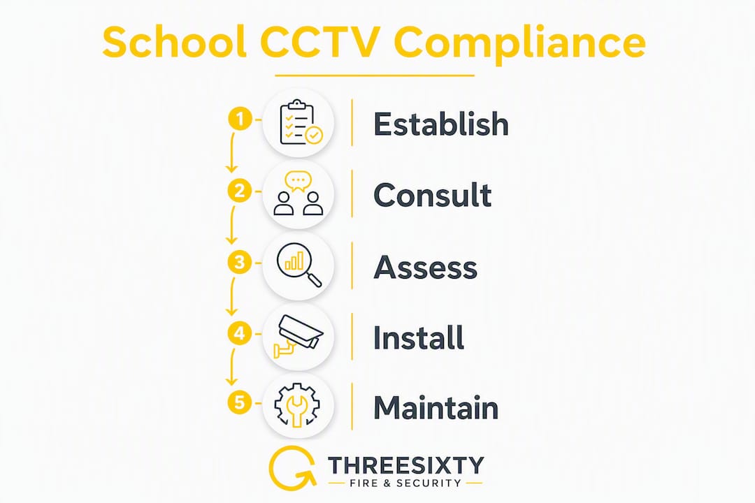 Infographic illustrating steps for school CCTV compliance