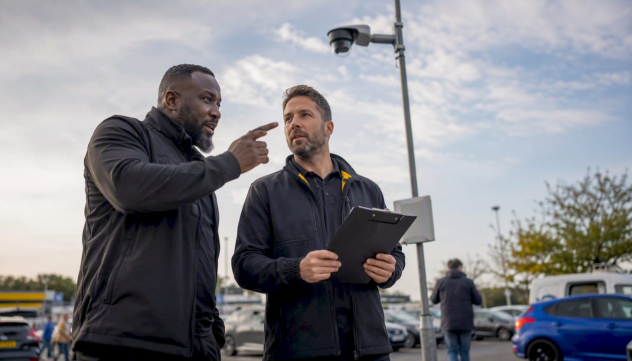 Professional reviewing car park CCTV compliance document