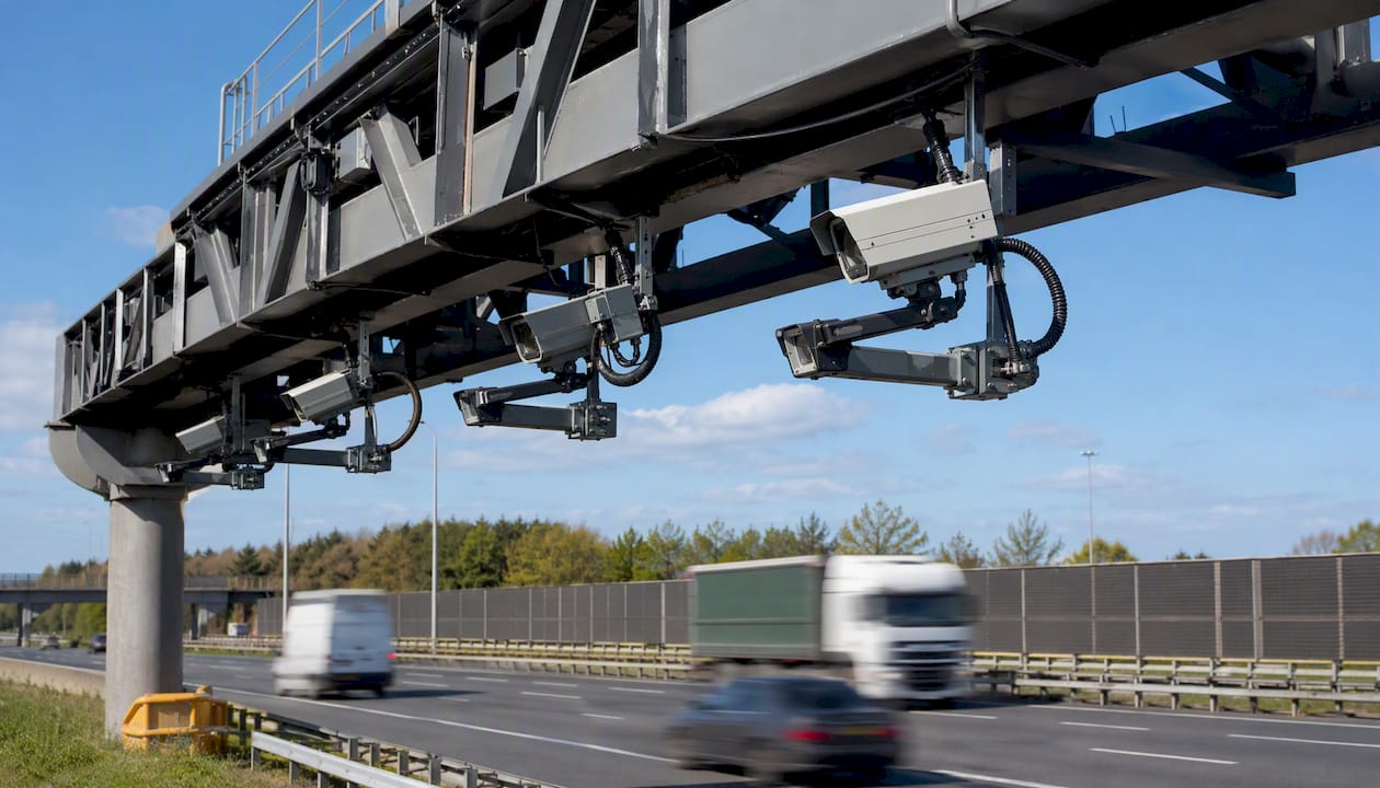 Fixed static ANPR camera gantry on motorway