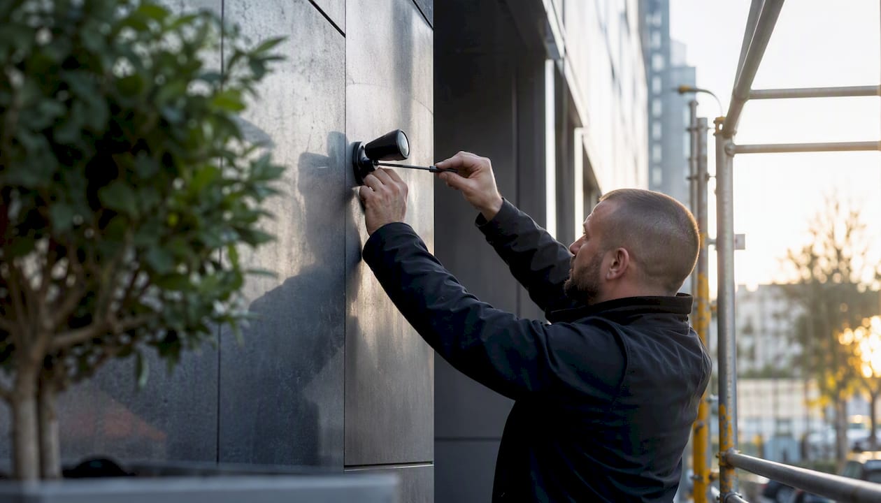 Technician installing CCTV on home exterior