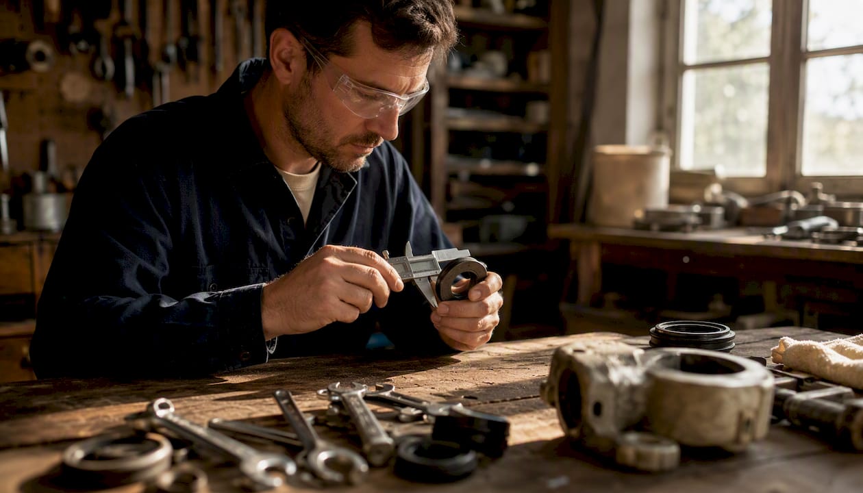 Technician measuring oil seal with caliper