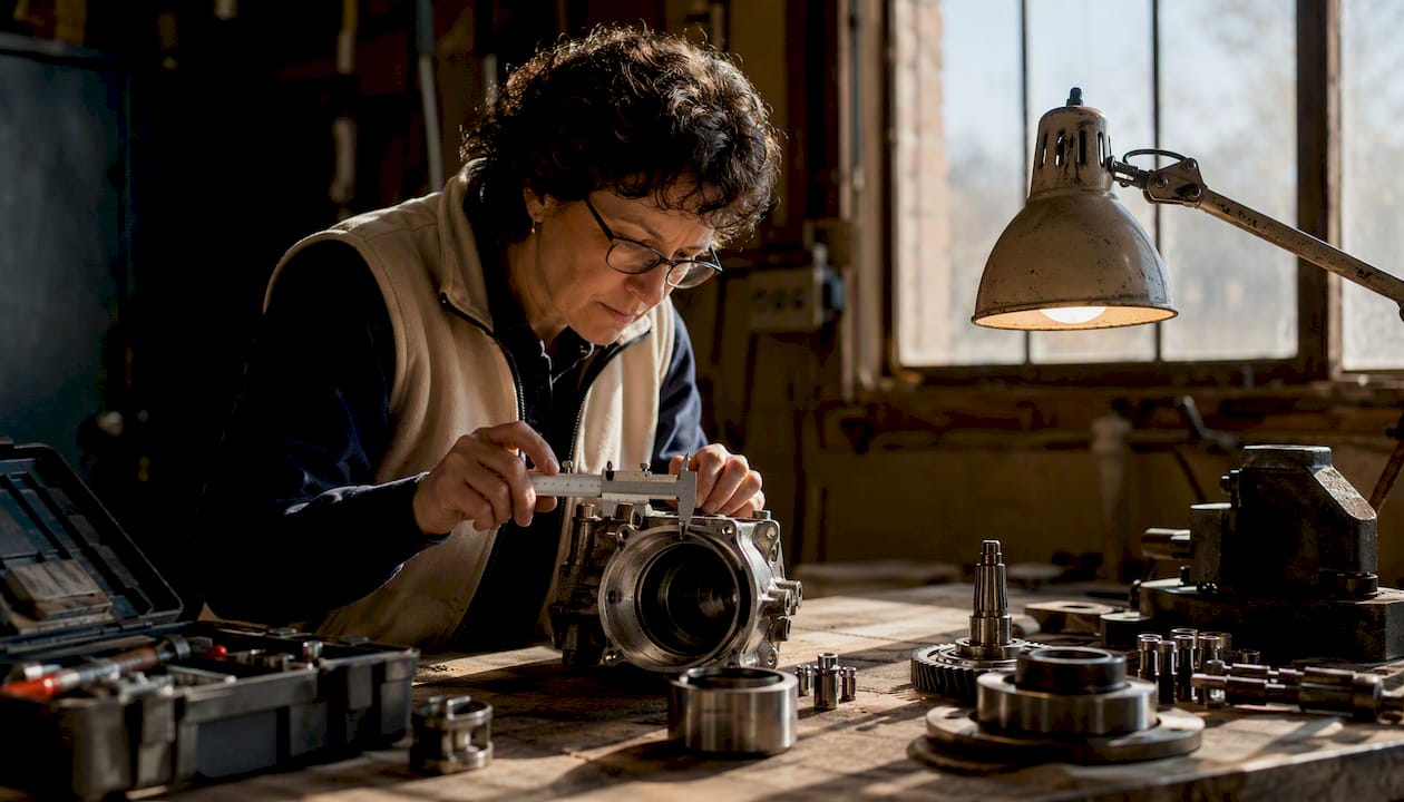 Engineer measuring housing bore diameter with caliper