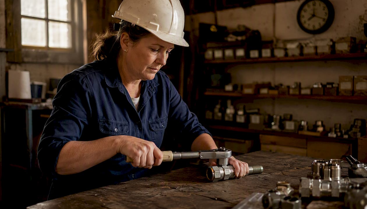 Engineer assembling BSP hydraulic fitting