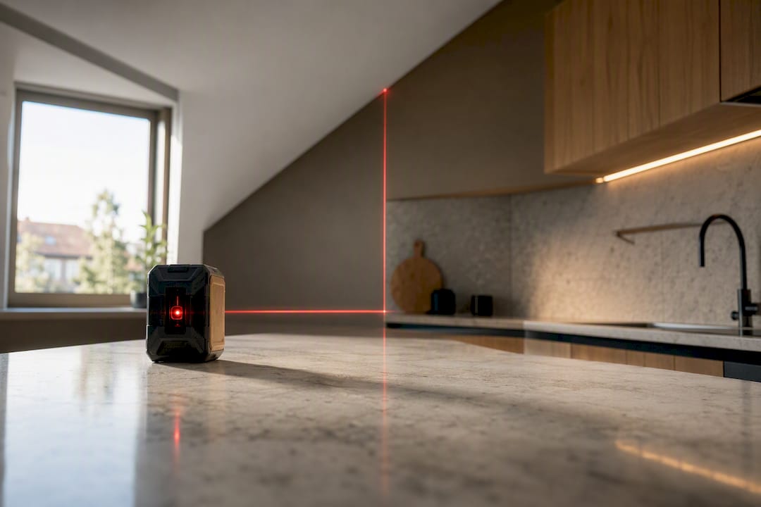 Laserowy miernik wyświetlający linię laserową w kuchni