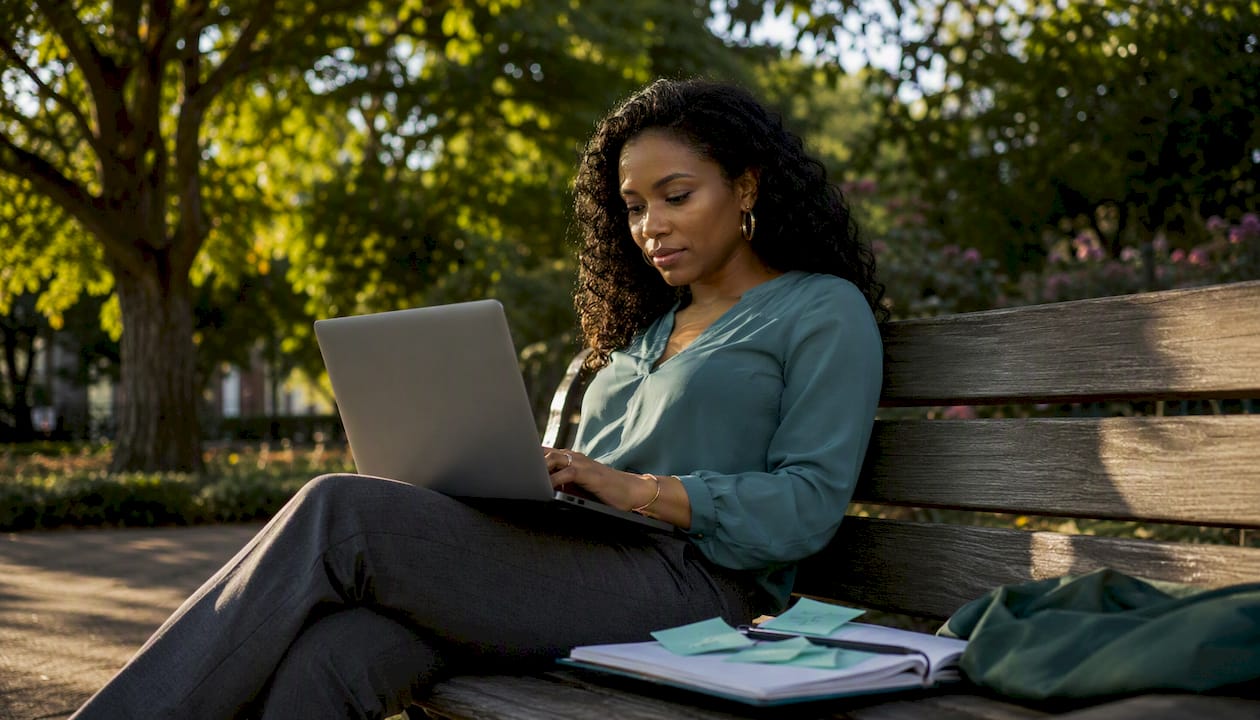 Woman editing resume at café laptop