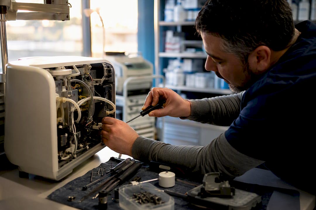 Technician repairing medical equipment urgently