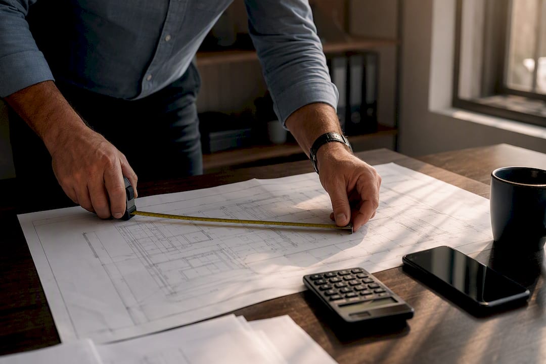 Hands measuring building plans on table