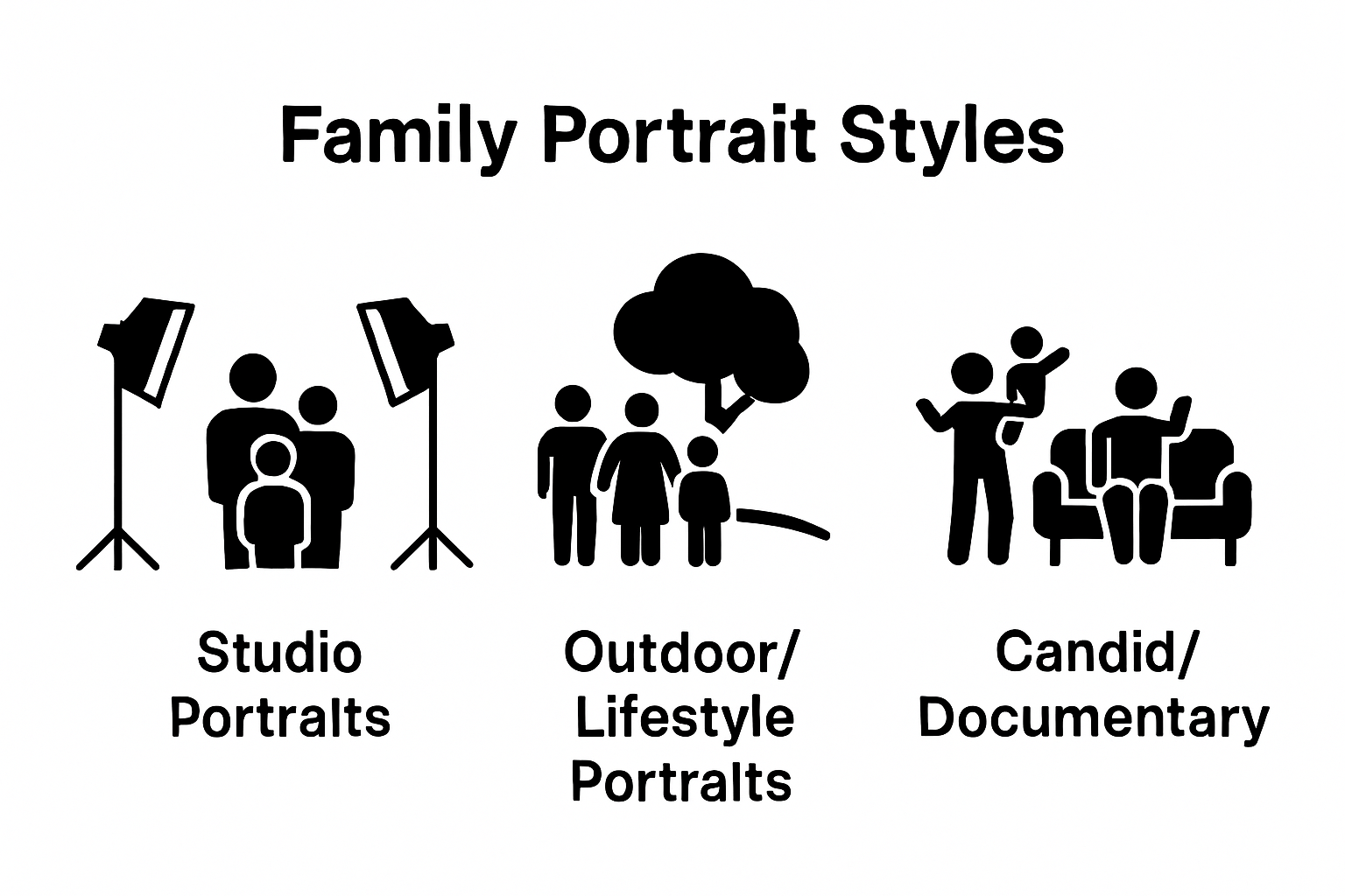 Infographic comparing 3 main styles of group family portraits