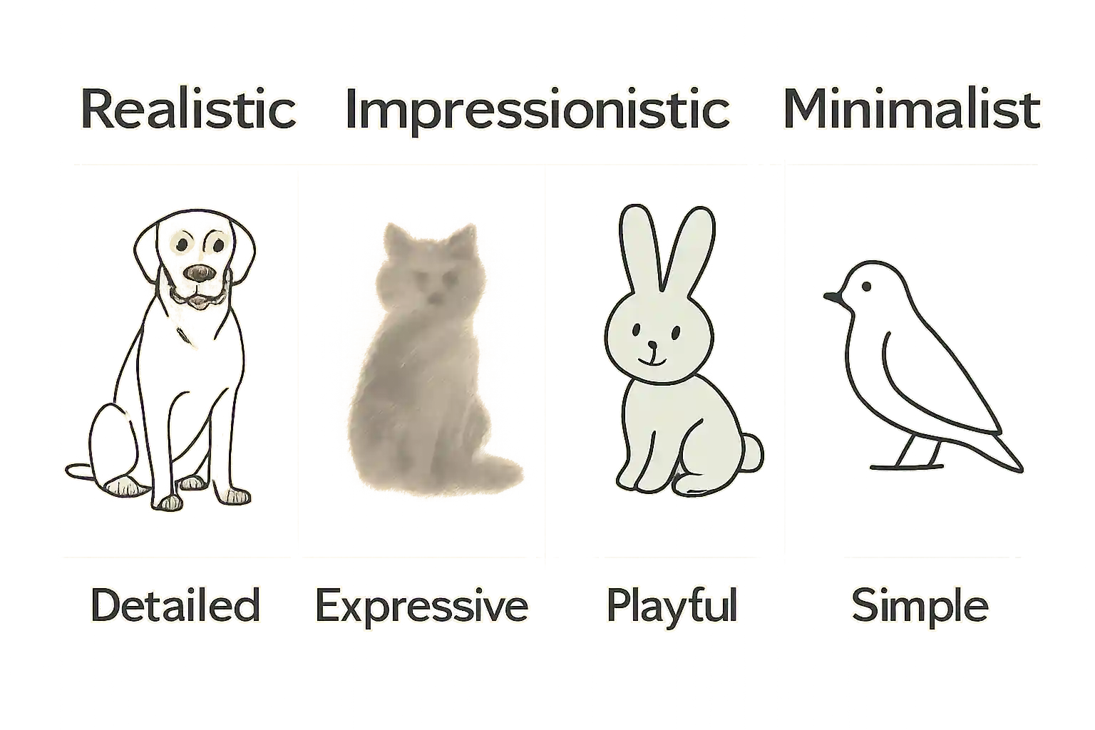 Visual comparison of four pet portrait styles: realistic, impressionist, cartoon, minimalist.
