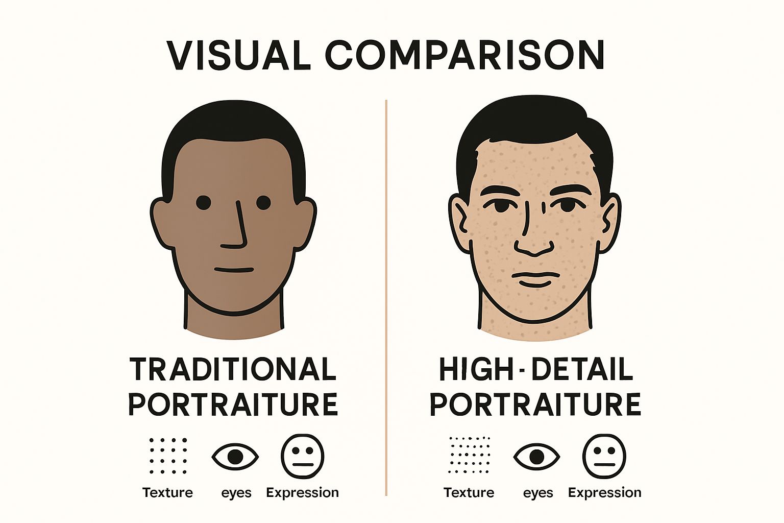 Side-by-side infographic showing differences between traditional and high-detail portraiture