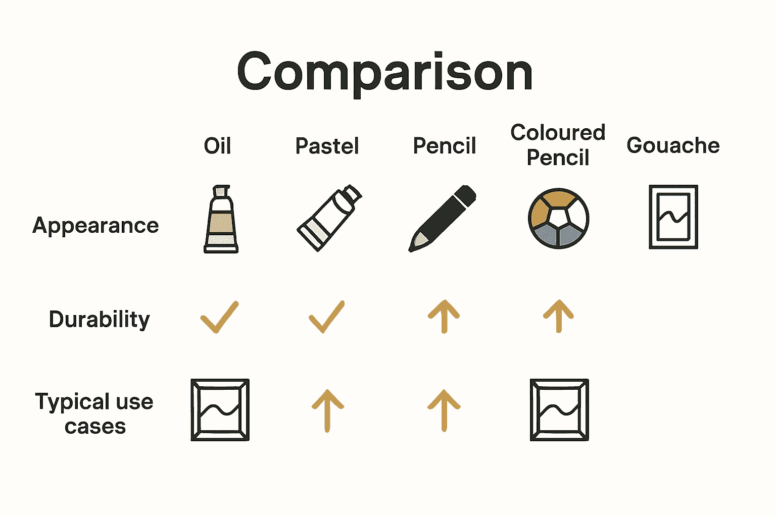 Infographic comparing oil, pastel, pencil, coloured pencil, and gouache portraits by look and durability.