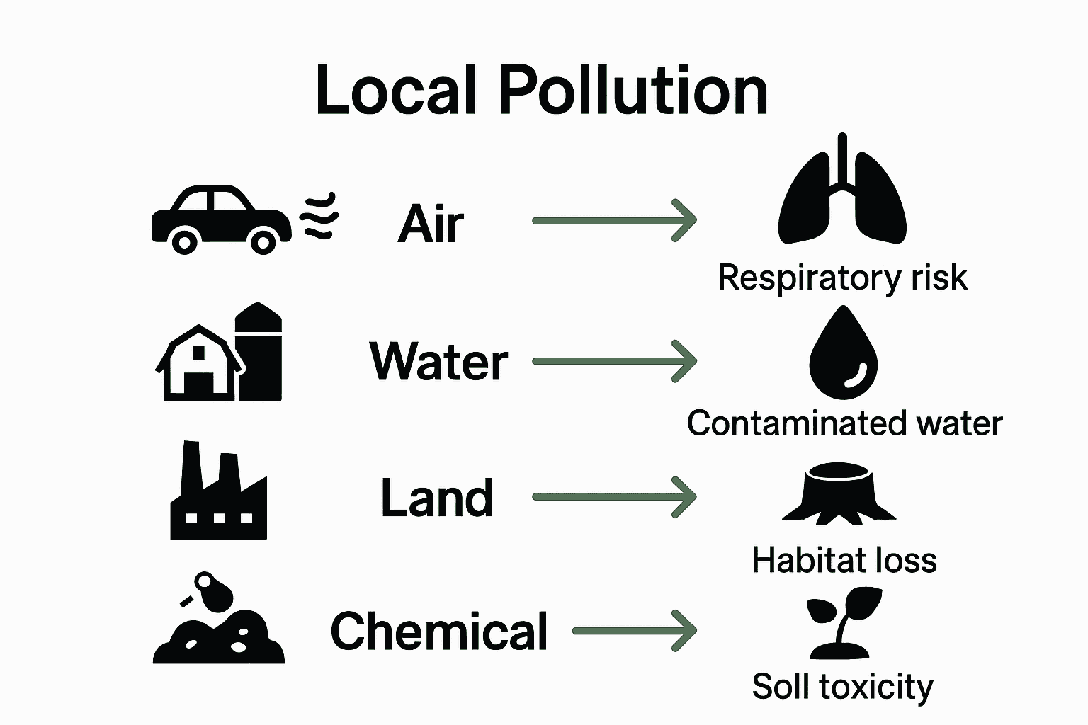 Infographic comparing local pollution types, sources, and impacts