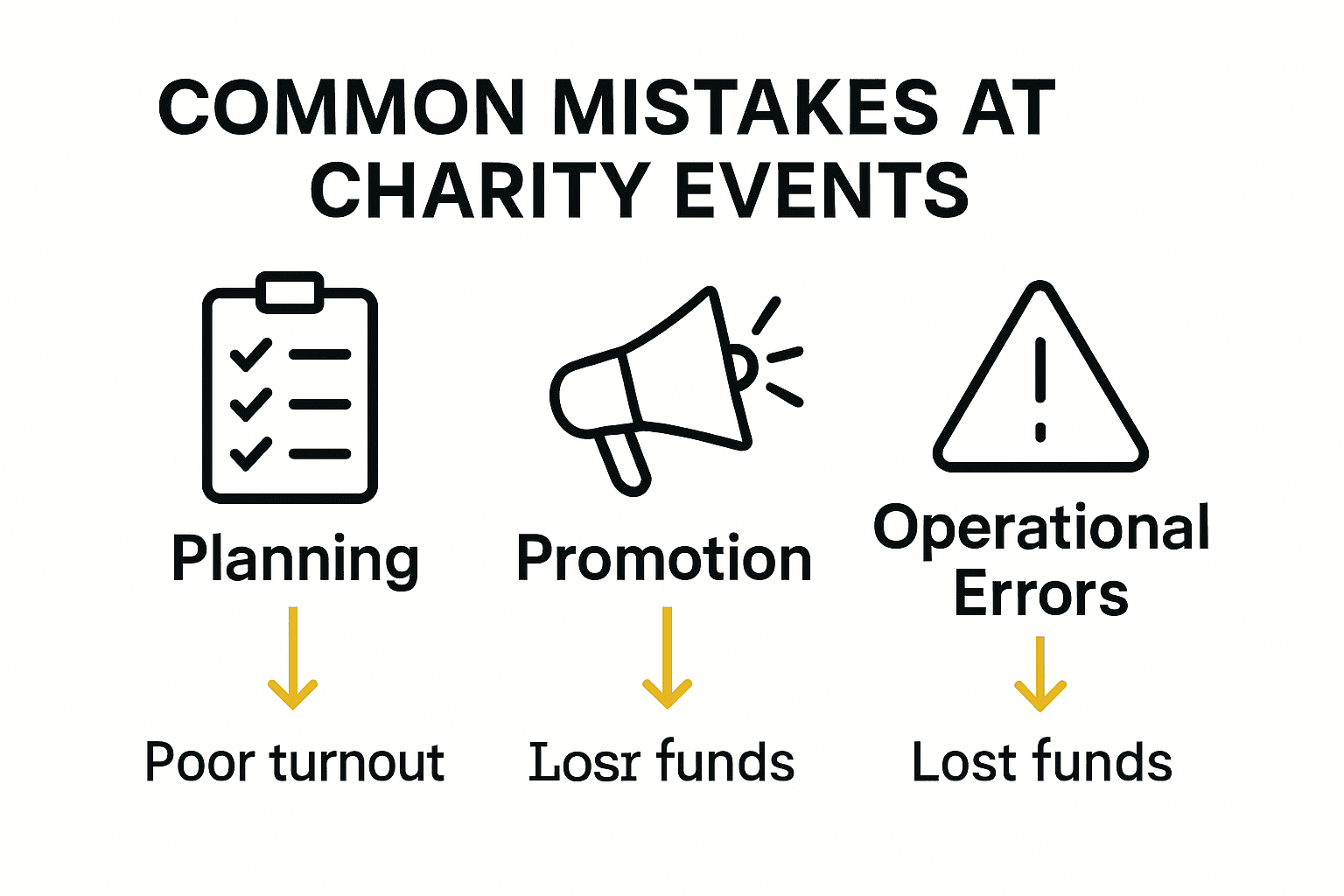 Infographic showing common mistakes in charity event planning, promotion, and operations.