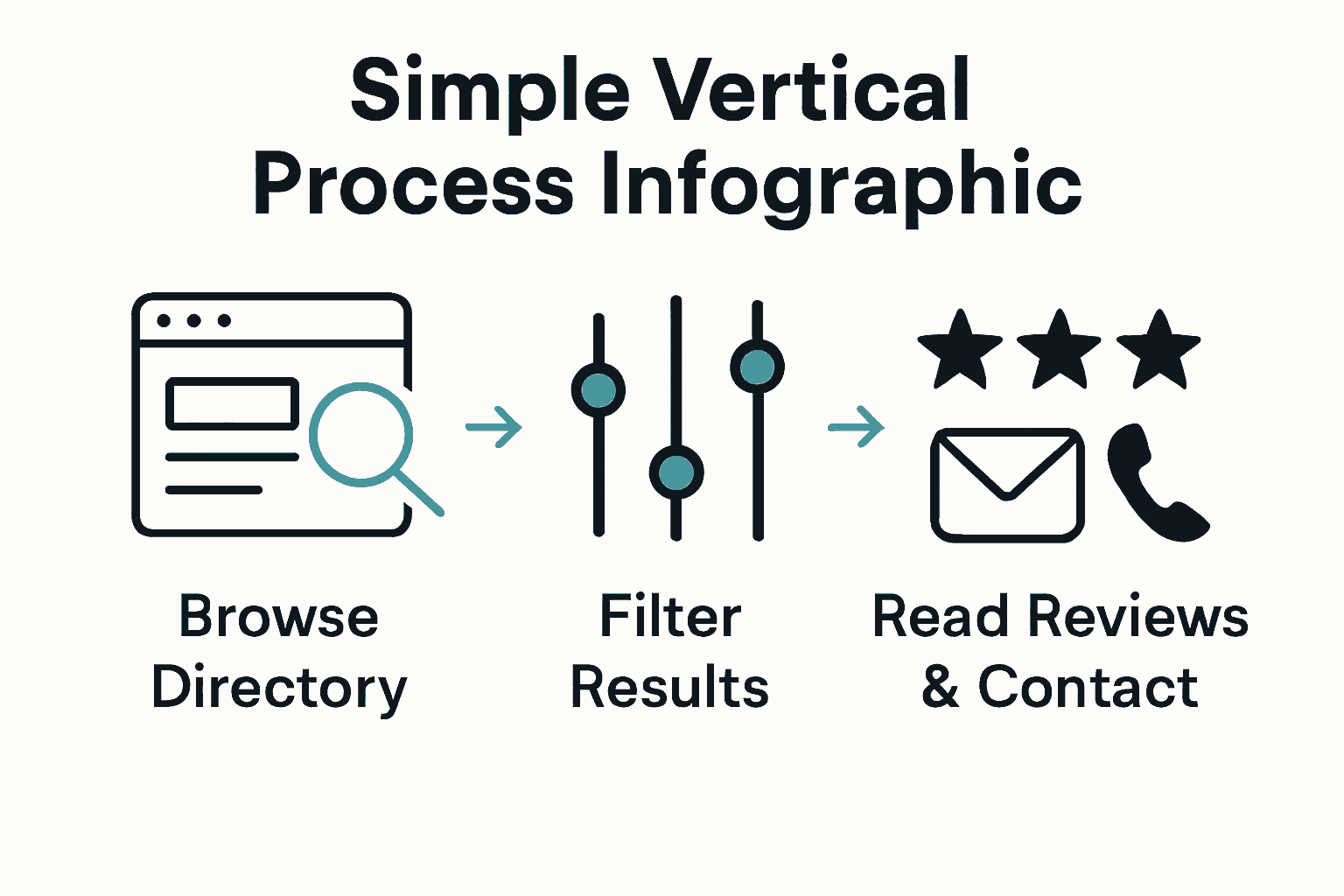 Infographic showing steps to use a business directory: browse, filter, review and contact.