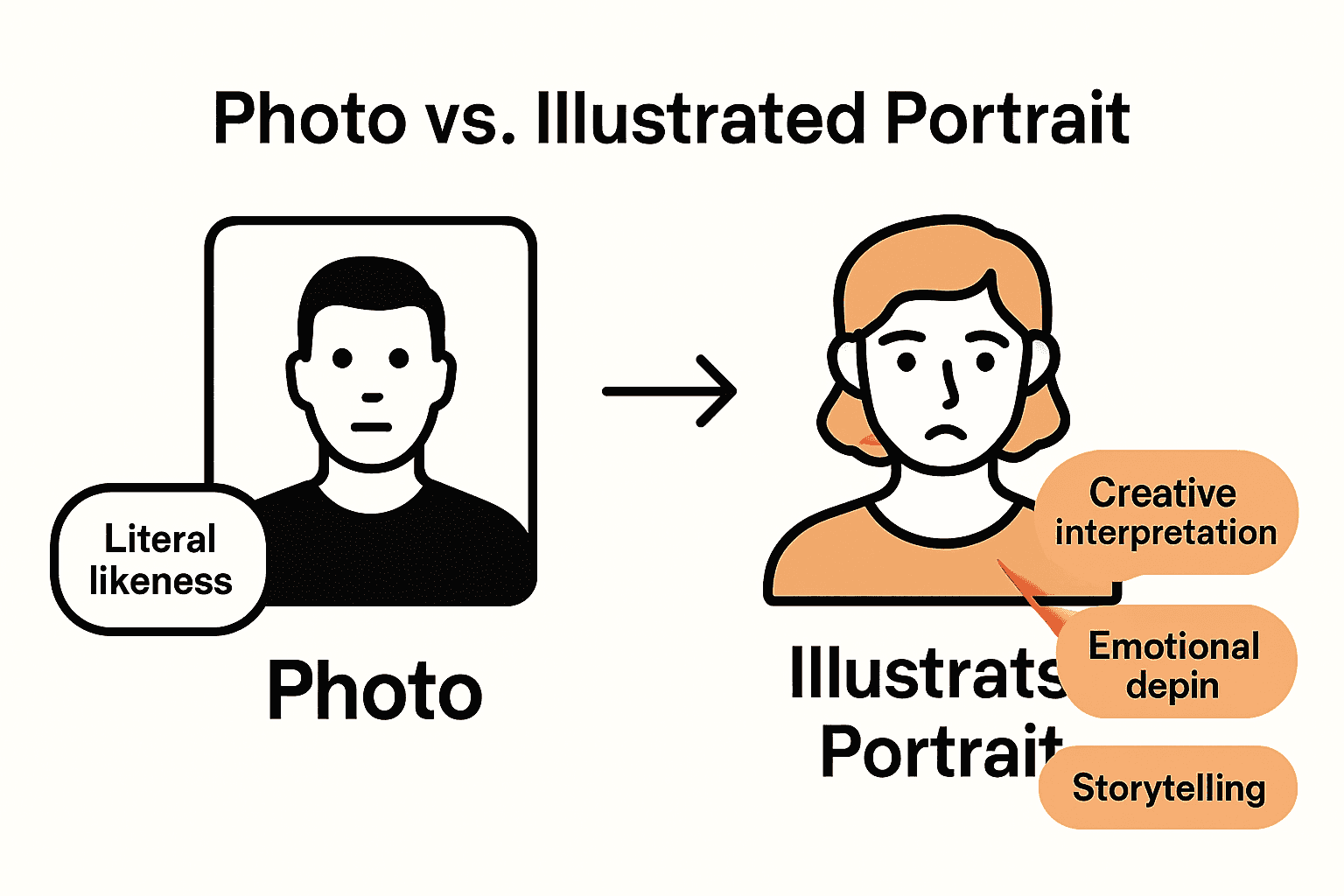 Infographic comparing portrait photo and illustrated portrait with icons and key differences.