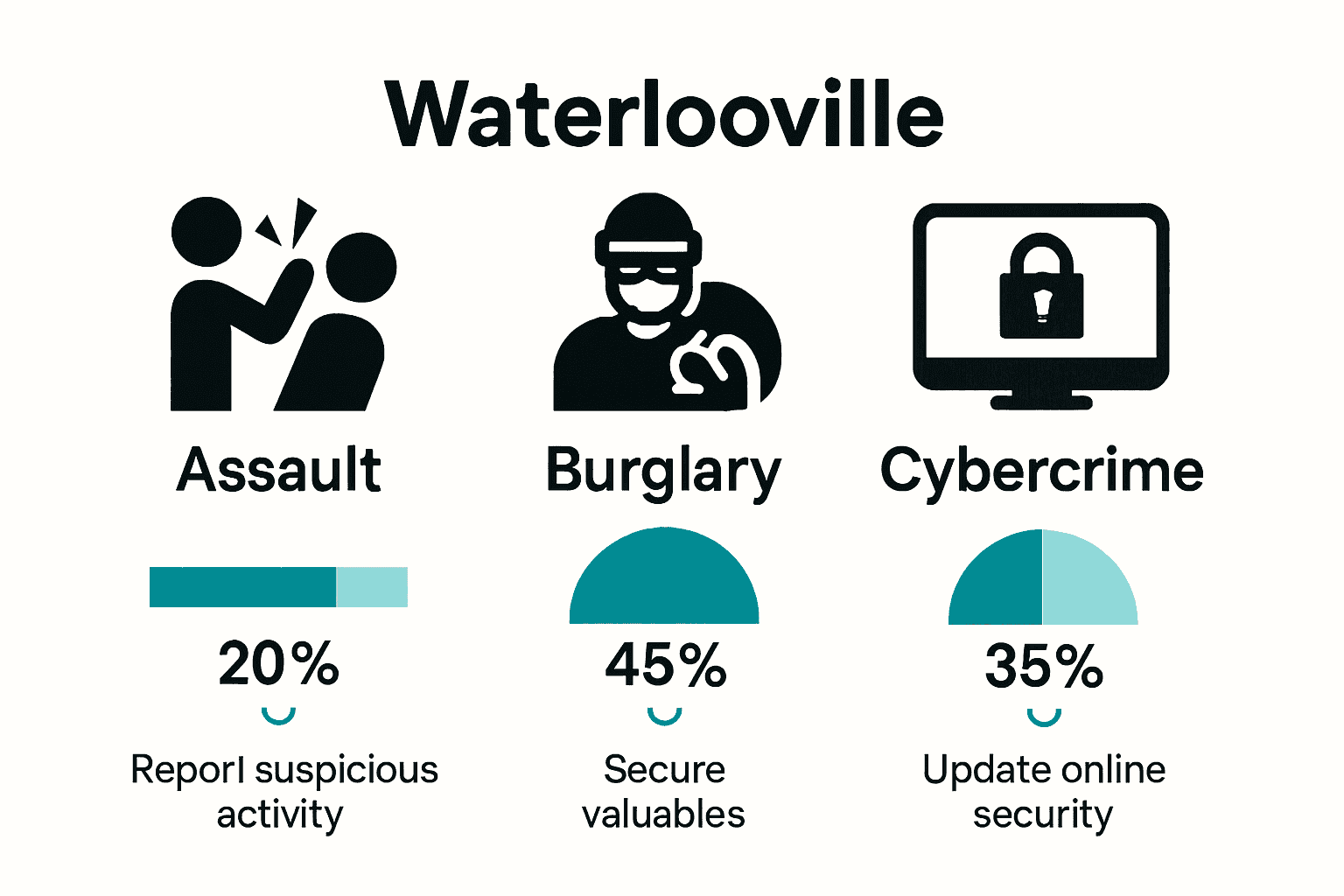 Infographic comparing most common crime types in Waterlooville with tips for residents.