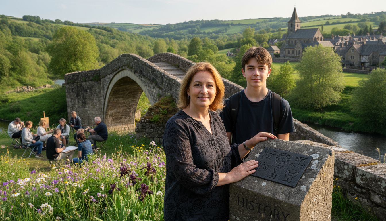 Family visiting historic bridge for heritage