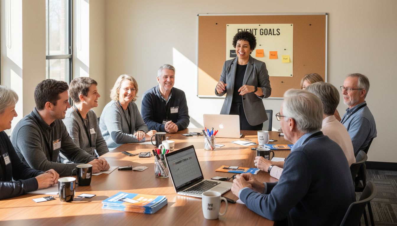People planning community event in bright meeting room