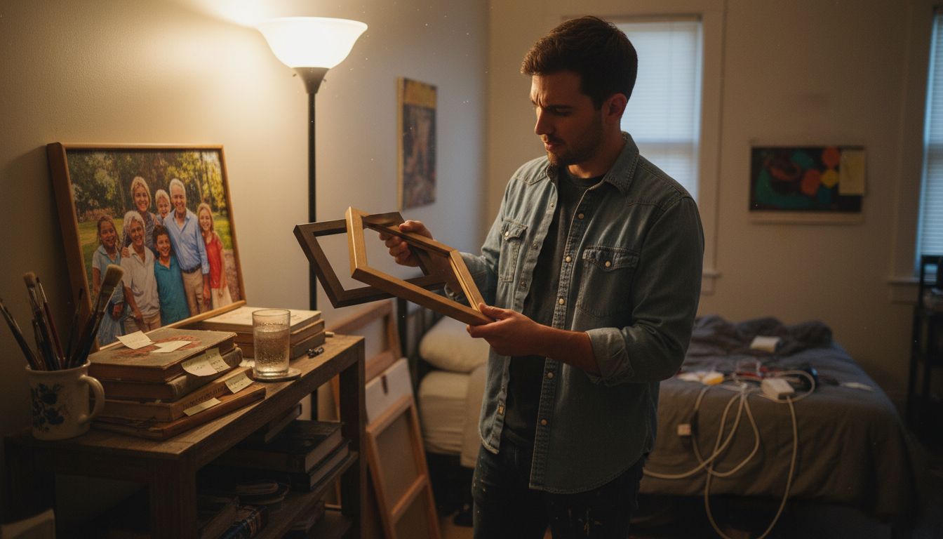 Man comparing portrait frame samples in studio