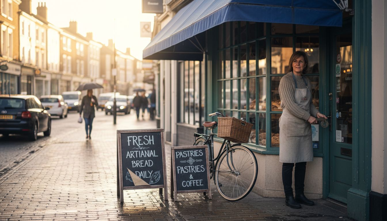 Shop owner unlocking bakery on main street