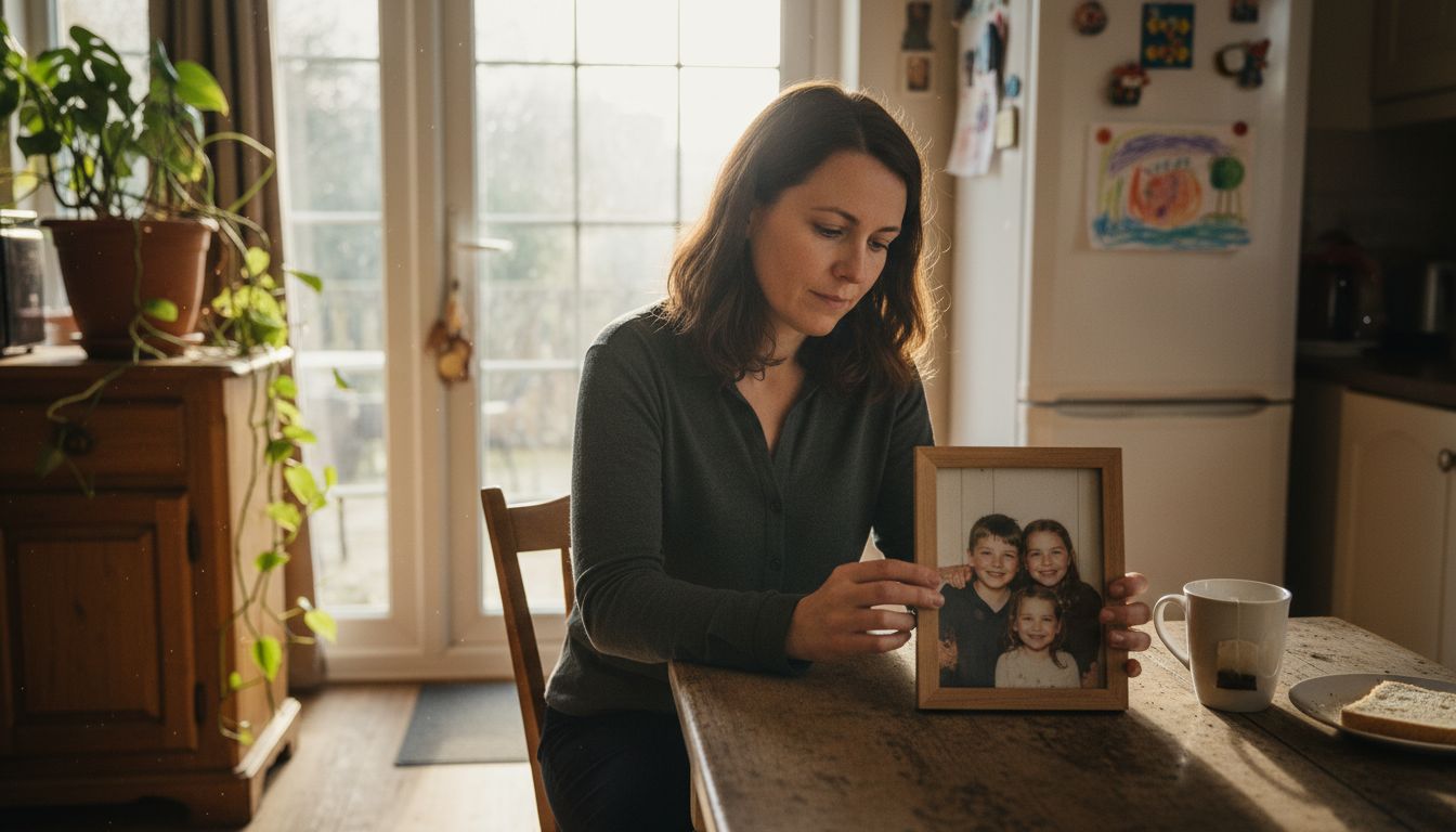 Mother reflecting on family portrait at table