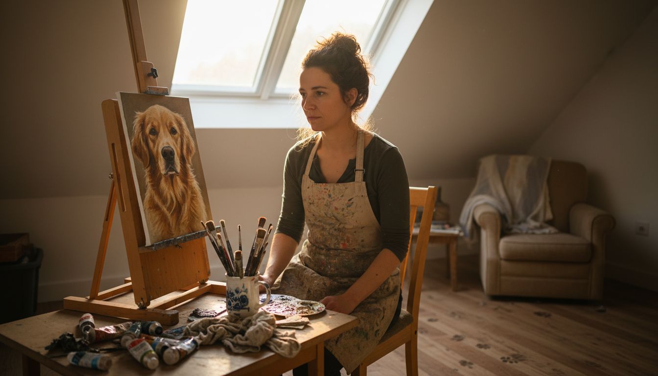 Artist working on a dog portrait painting