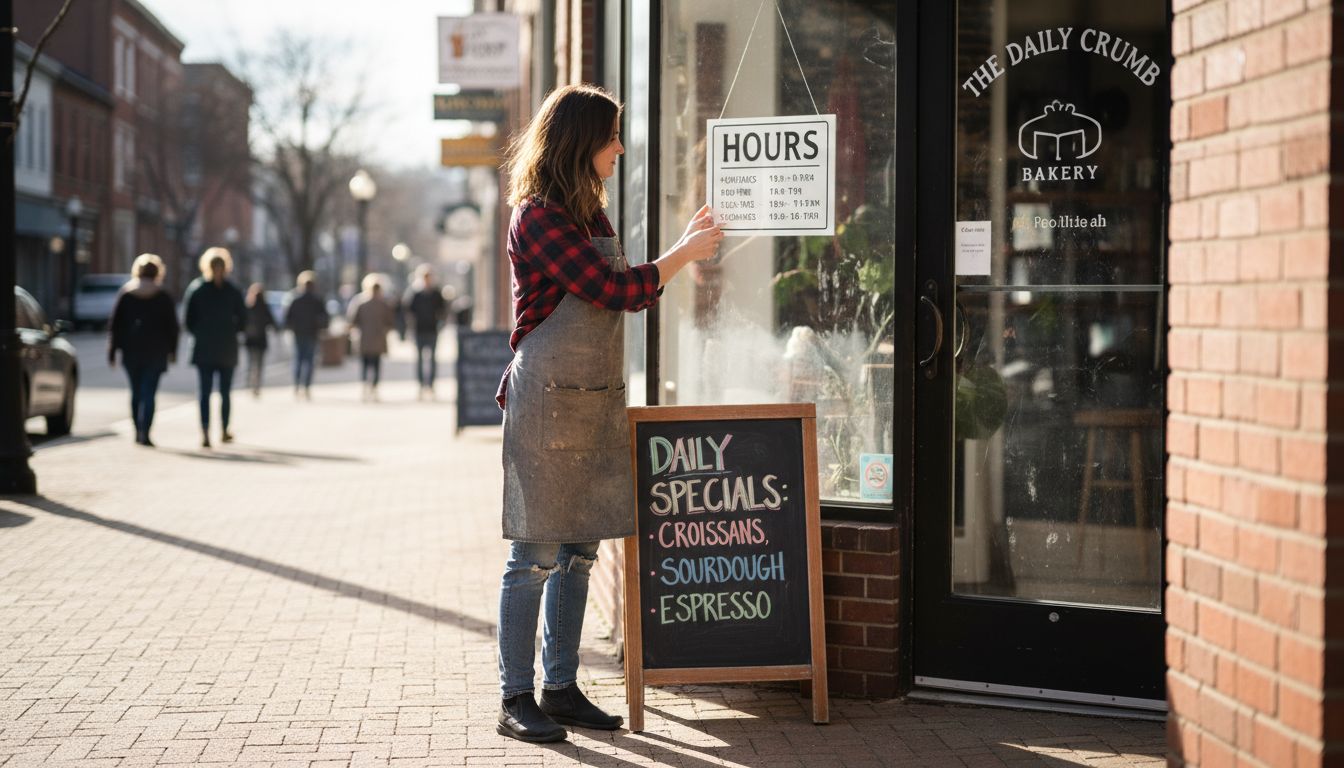 Shop owner updating hours sign outside bakery