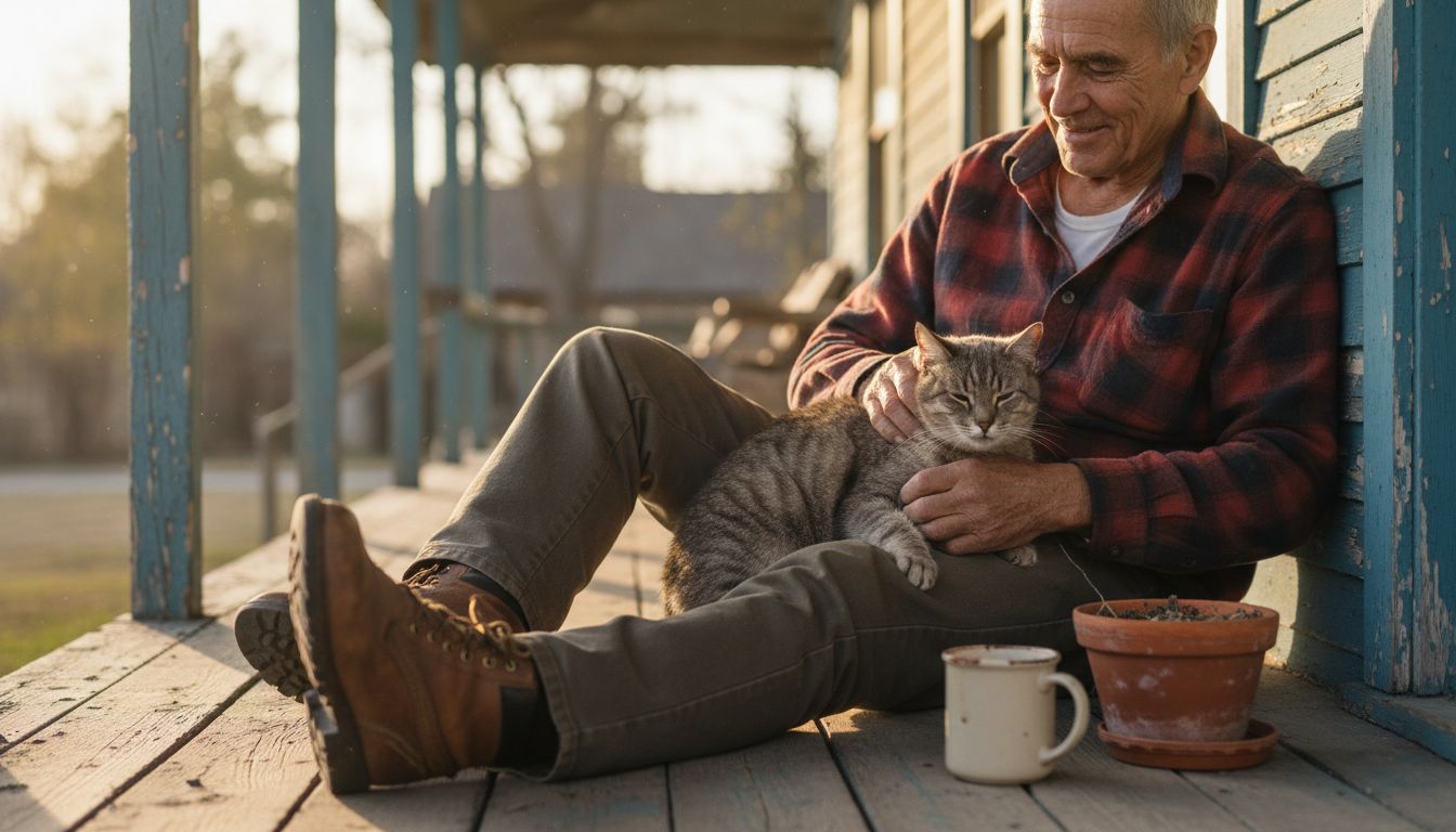 Elderly man and cat on porch together