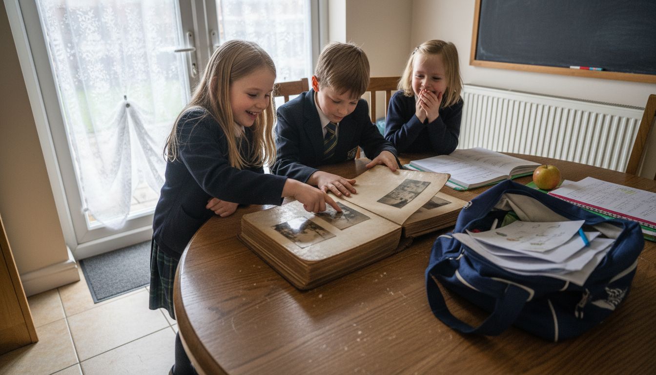 Children exploring family photo album together