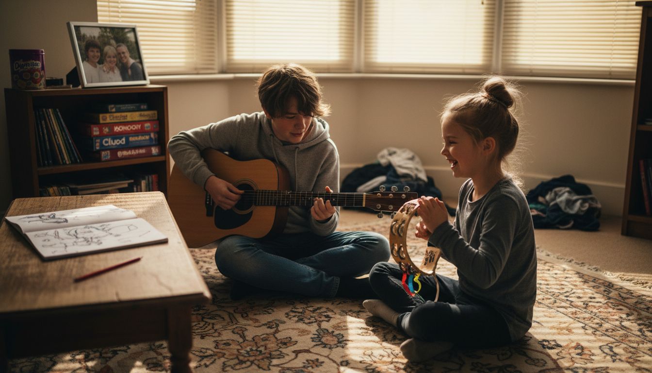 Siblings making music in family living room