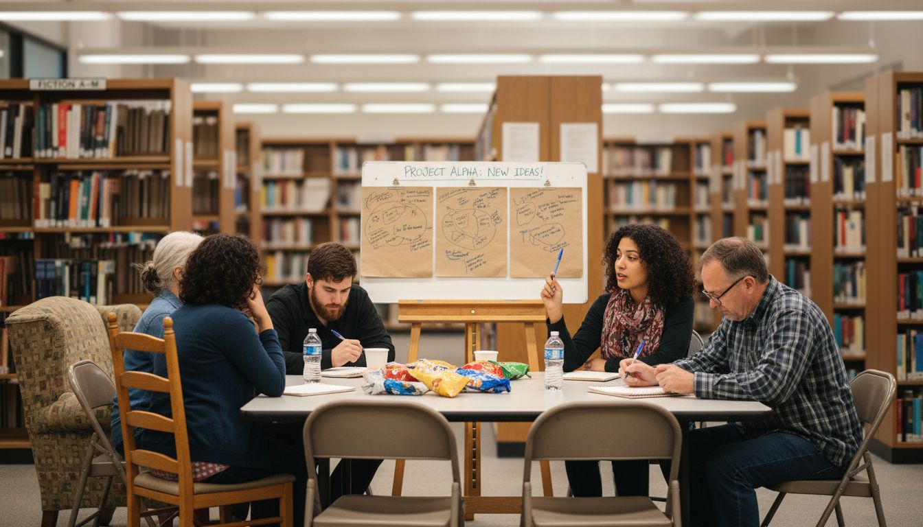 Diverse team brainstorming at library
