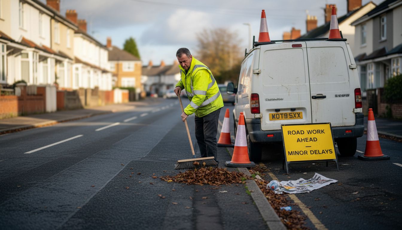 Council worker clearing leaves on residential street