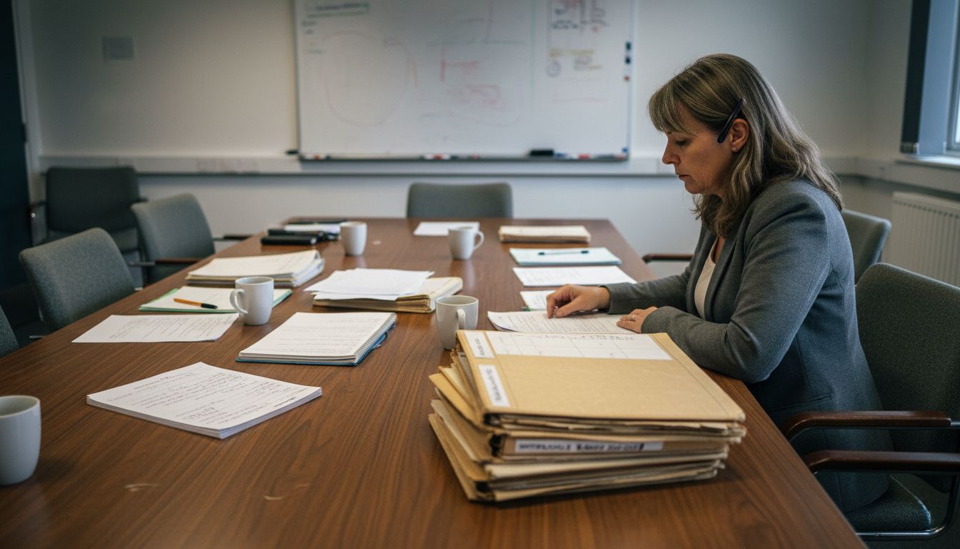 Waterlooville councilwoman studying reports in meeting room