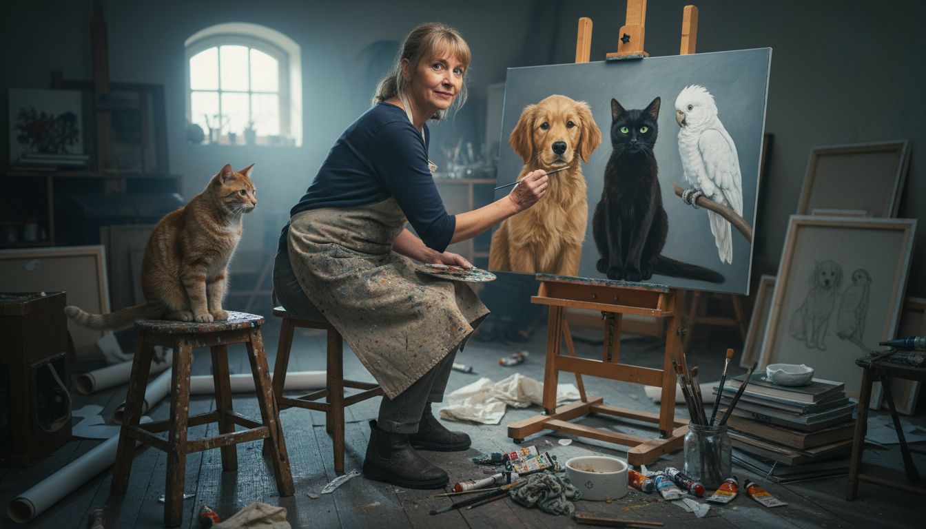 Artist painting multi-pet portrait in studio