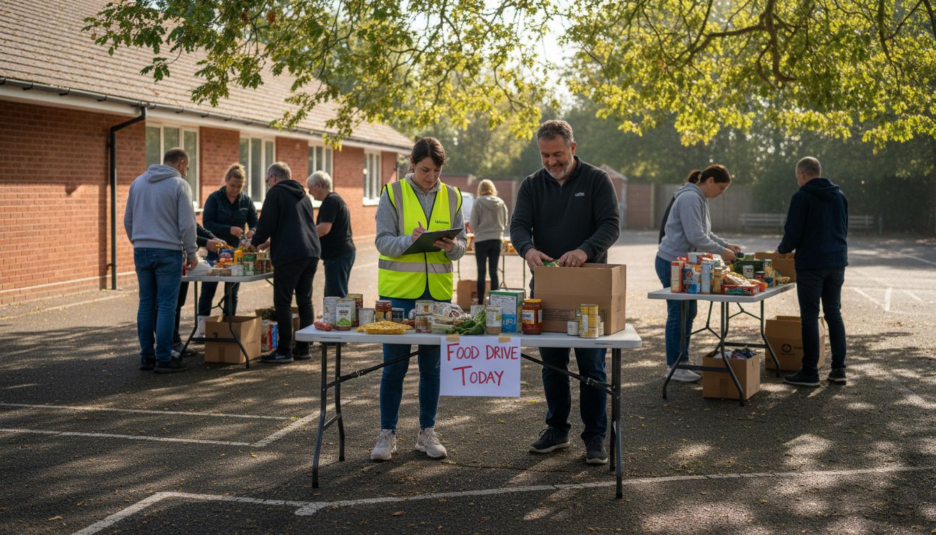 Charity volunteers sort food outside community center