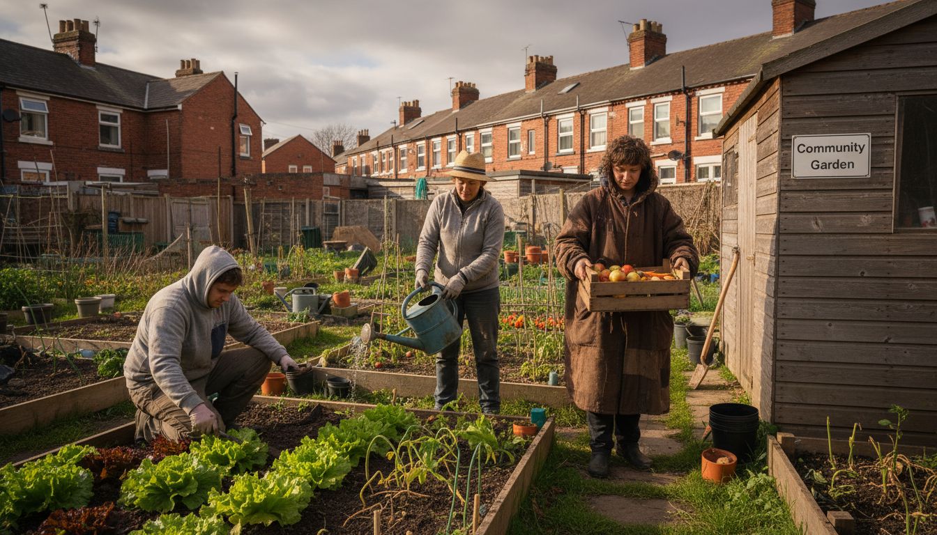 Charity workers tend urban garden in town